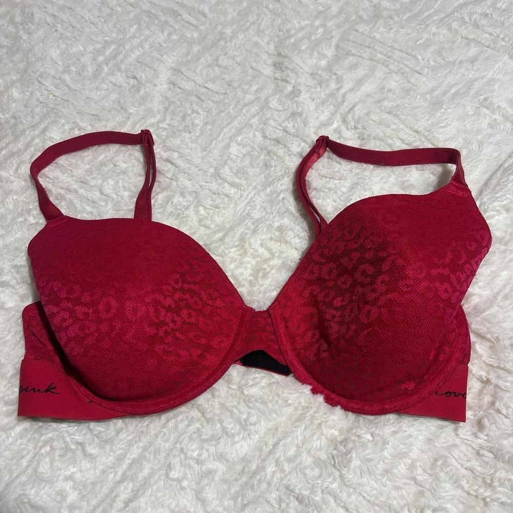PINK Victoria's Secret T-Shirt Bra Womens Red‎ Leopard Logo Band